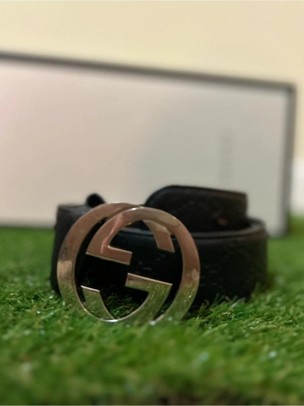 Gucci Guccissima Interlocking G Black Leather Belt size 105(36-38) Silver Buckle